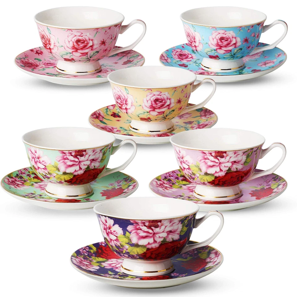 Tea Cup and Saucer Set of 6 Floral Cups 8 Oz.bone China Porcelain