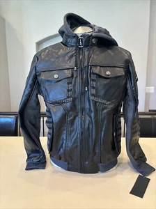 Robert Phillipe Hooded Moto Jacket Men's Black Stretch Knit Sides Faux Fur Lined - Picture 1 of 6