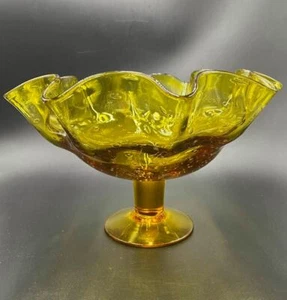 Cristal Bischoff ~ CUENCO DE PEDESTAL DE BURBUJAS CONTROLADO ~ Catálogo #446 Color Ámbar Dorado - Imagen 1 de 9