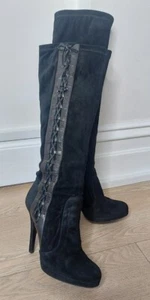 L K Bennett Boots Size 5 / 38 Black Suede Lace Knee High Stiletto platform - Picture 1 of 9