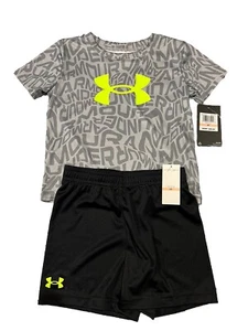 NWT UNDER ARMOUR 2 pc SET BOY'S DRI-FIT GRAY SHORT SLEEVE BLACK MESH SHORTS 2T - Picture 1 of 1