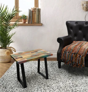 Greenage Reclaimed Wood Side Table with Carving Small Rectangular End Table  - Picture 1 of 8