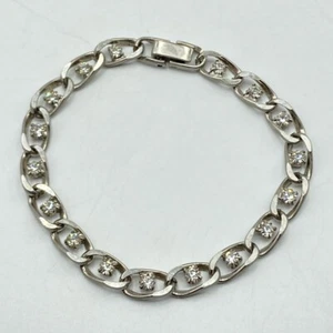 Vintage Silver Tone Clear Rhinestone Chain Tennis Bracelet 7 1/4" Long 1/4" Wide - Picture 1 of 7