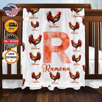 Personalized Rooster Baby Girl Blanket, Custom Name Blanket, Farm Animal Blanket - Image 1 of 2