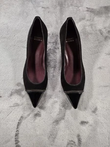 Stuart Weitzman Black Suede pointed patent leather toe with zipper detailing 6.5 - Picture 1 of 8