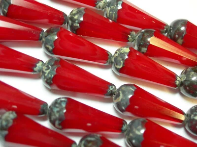 8 Czech Glass Red Opal Travertine Faceted Teardrop Beads 20x9mm - Image 1 of 2