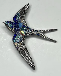 Brillant blau AB Strass Brosche Anstecknadel Schwalbe fliegender Vogel silberfarben Schmuck - Bild 1 von 20
