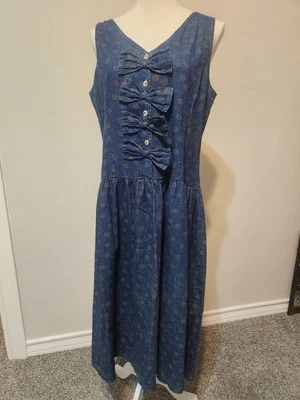 Vestido jeans vintage década de 1980 Mizz Lizz/anos 80 frente/laços traseiros-tamanho 13/14 - Imagem 1 de 4