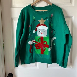Hanes Christmas Cat Present Lights Green Sweatshirt XXL/XXG Holiday - Picture 1 of 4