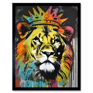King Lion wearing Crown Modern Stencil Graffiti Framed Art Picture Print 9X7 In - Bild 1 von 25