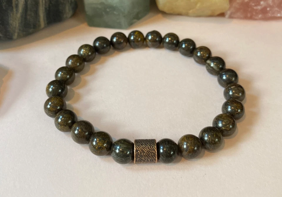 Pulsera hombre. Piedras preciosas de bronce. 8 pulgadas. Elástico. Regalo para él. Foto 1 de 4