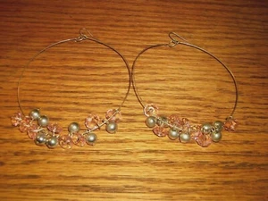 Women's Hoop Pierced Earrings Silver Tone Metal Pink and Silver Beads 3 1/4" - Picture 1 of 2