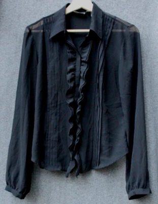 Blusa negra transparente manga larga Mexx para damas cuello en V con volantes frontal talla 6 de EE. UU. Foto 1 de 4