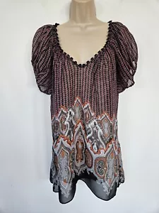 TED BAKER 100% SILK Sheer Chiffon Top S UK 10 Black Orange Paisley Myrna T-shirt - Picture 1 of 22