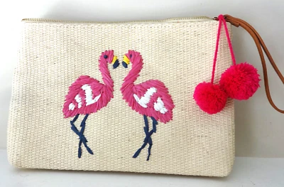 OLD NAVY WOVEN STRAW FLAMINGO PURSE WRISTLET CLUTCH ZIPS BEACH SUMMER VACATION - Image 1 of 4