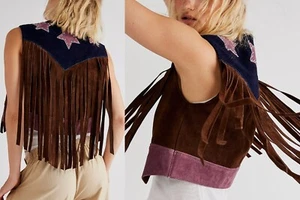 $648 Free People Understated Leather American Woman Fringe Star Festival Vest M - Picture 1 of 6