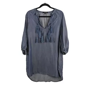 Honey Punch Womens Chambray Tassel Mini Shift Dress Size S V-Neck 3/4 Sleeve - Picture 1 of 9