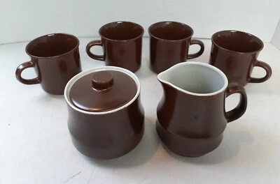 Vintage Brown Stoneware Creamer And Sugar Set with 4 Coffee Tea Cups  Japan  MCM - Image 1 of 4