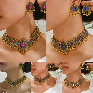Set orecchini boho vintage oro girocollo girocollo ciondolo bavaglino collana - Foto 1 di 8