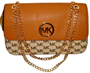 MICHAEL KORS Women's FULTON MK Signature Flap Chain Bag Natural Acorn 38H7XFTL1V - Picture 1 of 12