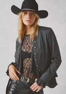 Free people Romance Ruffle Jacket Blazer - Dark Green Size Large EUC - Picture 1 of 7