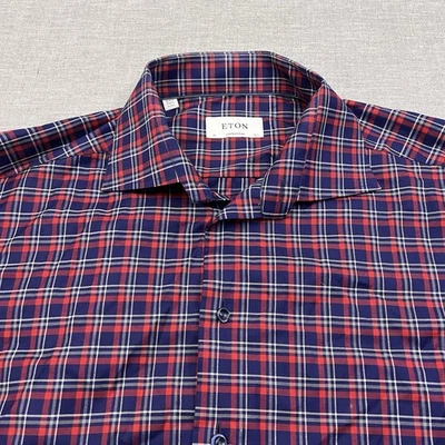 Camisa contemporánea Eton para hombre 16,5 42 azul rojo a cuadros con botones sarga algodón Foto 1 de 4