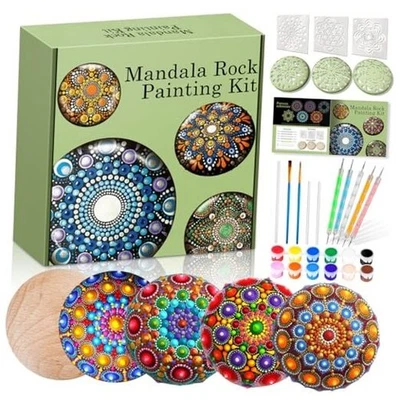 Kit de pintura rupestre mandala - Kit de herramientas de punteado mandala - 5 rocas de madera grandes Foto 1 de 4