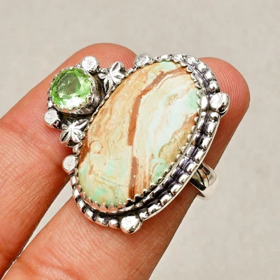 Anello gioiello in argento sterling 925 con pietra preziosa crisopresio... - Immagine 1 di 4