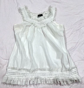 Passport White Babydoll Tank Top Ruffles & Lace size Medium V-neck Cotton - Picture 1 of 10