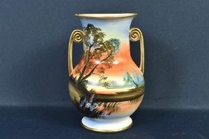 Antico vaso Noritake paesaggio dipinto a mano con bordo oro M-NIPPON Mark Giappone - Foto 1 di 22
