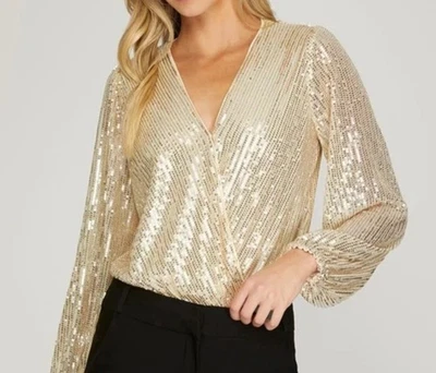 Top de lentejuelas con cuello en V para mujer mediano dorado manga larga globo fiesta navideña nuevo con etiquetas Foto 1 de 4