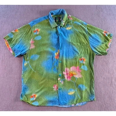 Camisa Jams World Vintage Floral Abotonada Para Hombre Mediana Verde Azul Retro Años 90 Foto 1 de 4