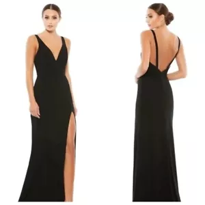 Mac Duggal 25846 Jersey Plunge V-neck Black Gown Dress High Slit Size 4 NWT - Picture 1 of 9