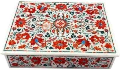 12"x8"x4" Marble Jewelry Lidded Box Carnelian Floras Precious Christmas Gift Art - Image 1 of 4