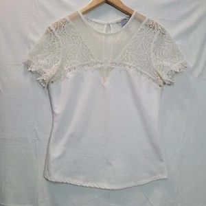 H&M Blouse Women Size M White Crochet Short Sleeve Ladies Top - Picture 1 of 9