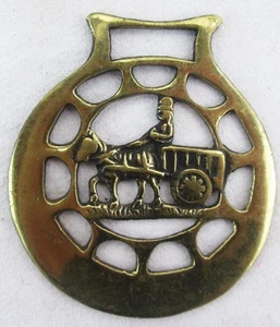 Oxen Wagon Farmer Bridal Horse Brass England Gold-tone Medallion 3"dia 3.5"tall - Picture 1 of 2