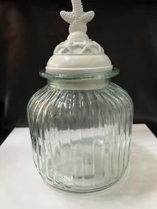 Vintage  Clear Glass Ribbed Nautical Theme Cookie Jar/ Candy Jar/Lidded Canister - Picture 1 of 2