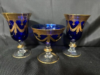 Set of 3 (2 Sizes) ~ Cristallerie Italiane Cobalt Blue & Gold ~ Goblets, Sherbet - Image 1 of 4