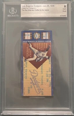 KOBE BRYANT REDACTADO POR LOS LAKERS 26 DE JUNIO 1996 TALÓN DE BOLETO DE LOS DODGERS/CACHORROS BGS Foto 1 de 4