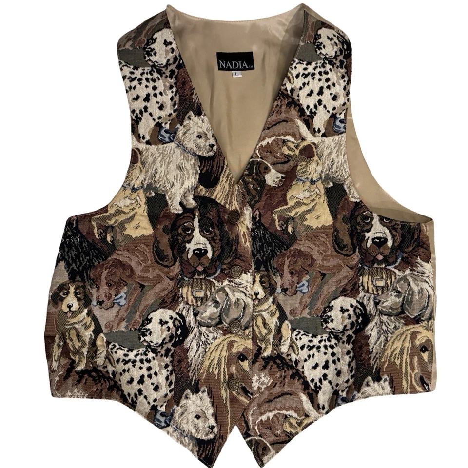 Chaleco tapiz estampado perro Nadia vintage grande hecho en tela italiana EE. UU. años 90 Foto 1 de 4