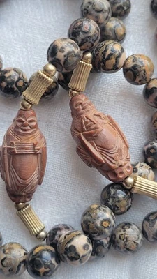 Vintage 38" Leopard Skin Jasper Stone Necklace Carved Silver Filigree Clasp - Image 1 of 4