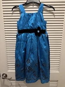 Girls Size 10 Blue Party Dress- Velvet Waist Flower Holiday Special Occasion - Picture 1 of 4