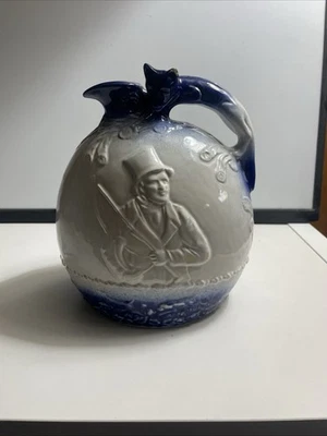 Rockingham Bennington Blue & White Pottery Ball Jug Embossed Fox Hunt England - Image 1 of 4