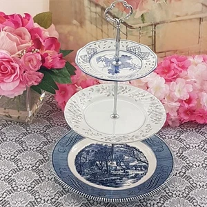 Handmade 3 Tier Blue & Silver Cake Stand Tea Party Pastry Display Cupcake Tower - Picture 1 of 9