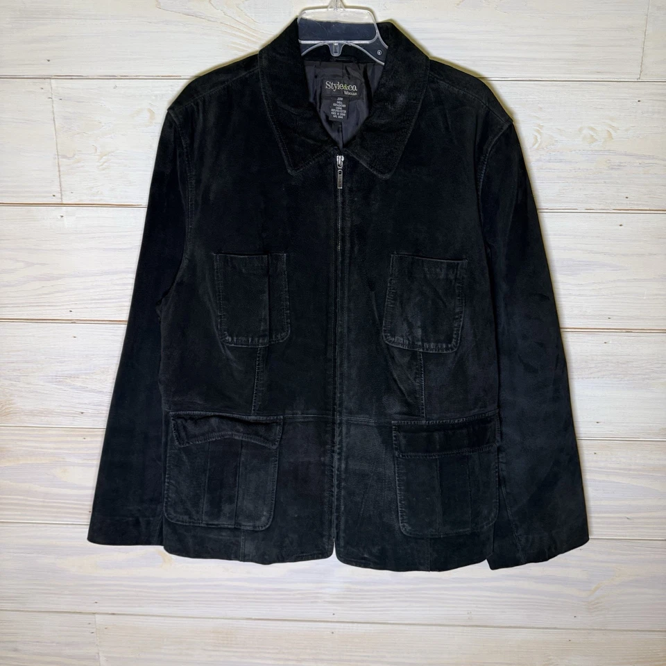 Jaqueta de couro camurça preta vintage tamanho 20W Style & Co - Imagem 1 de 4