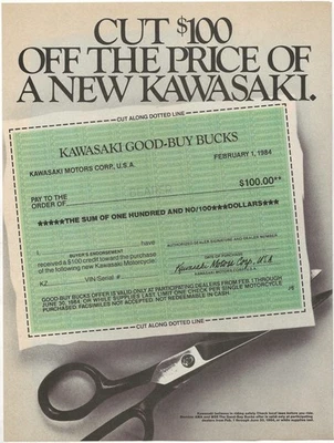 Anuncio vintage de 2 páginas recortado $100 del precio de una nueva Kawasaki - Bucks Good-Buy 1984 Foto 1 de 4