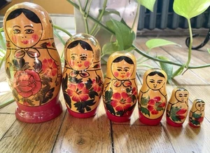 Muñecas de anidación matrioska vintage URSS rusas pintadas a mano 6 muñecas rosas con etiqueta - Imagen 1 de 4