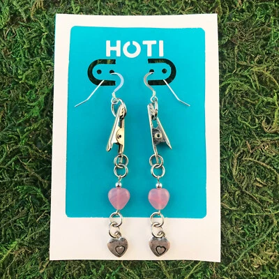 HOTI Hemp Handmade Pink Glass Heart Roach Clip It Earrings Charm Metal Hearts - Image 1 of 4