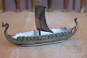 VINTAGE PEWTER VIKING SHIP OPEN SALT DIP NORWAY - Picture 1 of 17