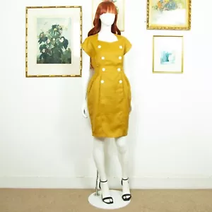 Vintage 1980s Yellow Linen Cocktail Pencil Dress With Double Breasted Buttons - Picture 1 of 8
